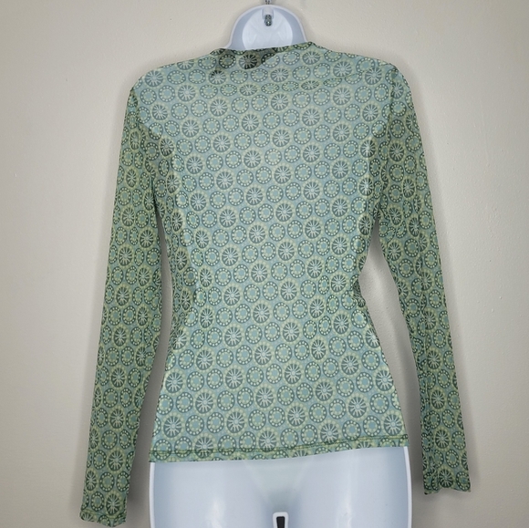 Vintage y2k New York & Company green mod celestial button front nylon mesh top M - Picture 2 of 5